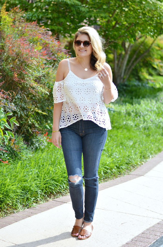 white off the shoulder top with distressed denim | www.fizzandfrosting.com